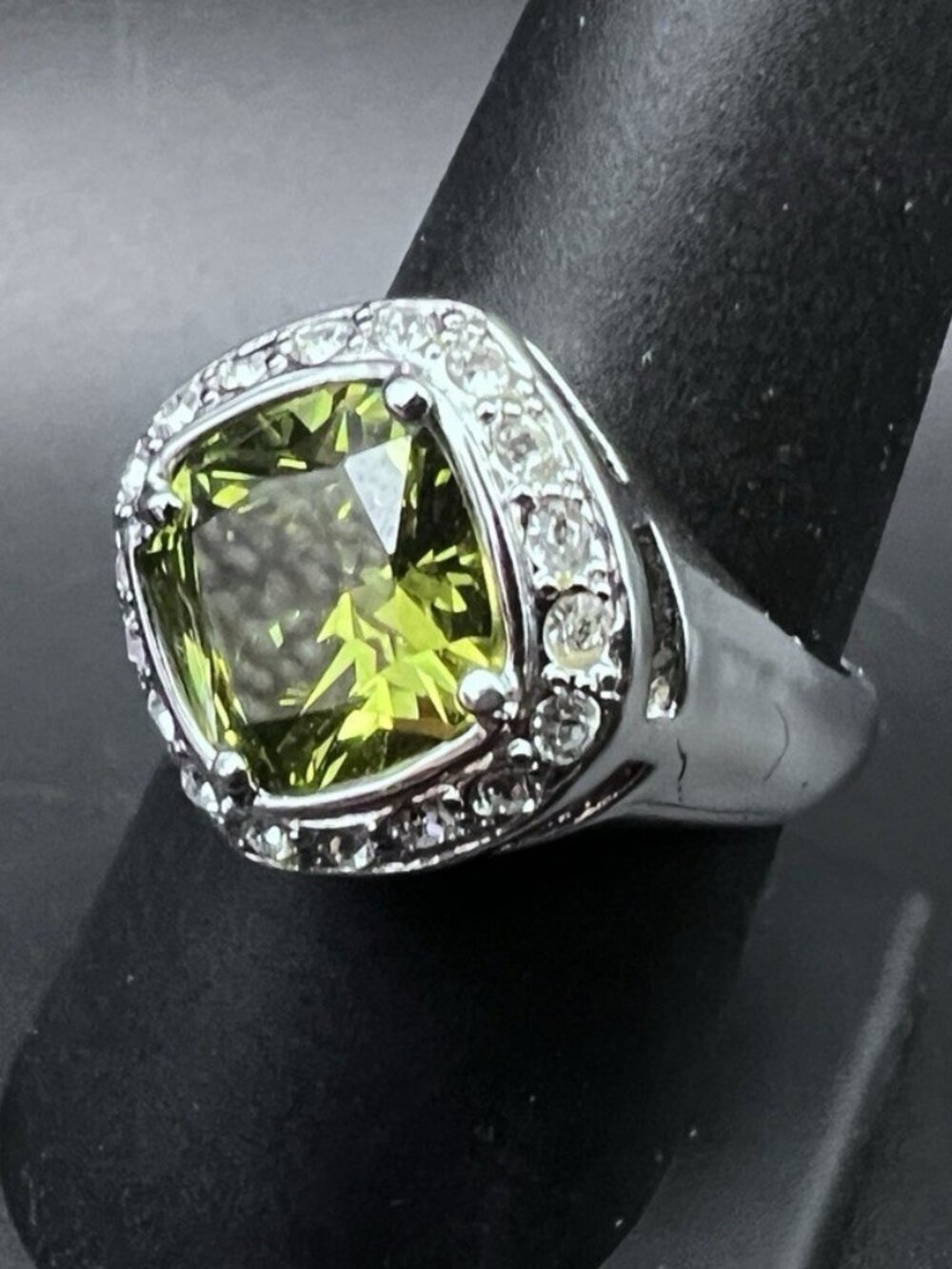 Vintage Green Cushion Cut Halo Statement Cocktail Ring Size 8.75 Silver Tone